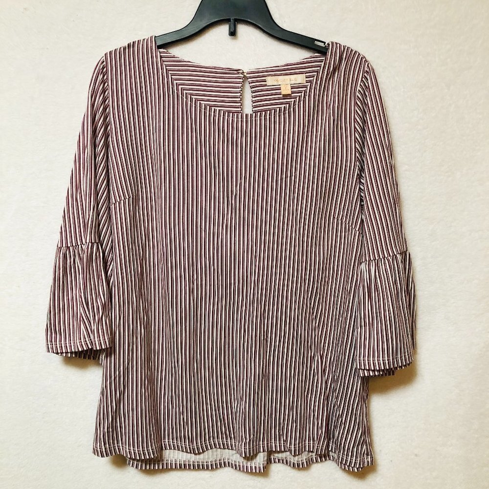 Skies Are Blue Maroon & White Striped Quarter Bell Sleeve Blouse Top Size Small